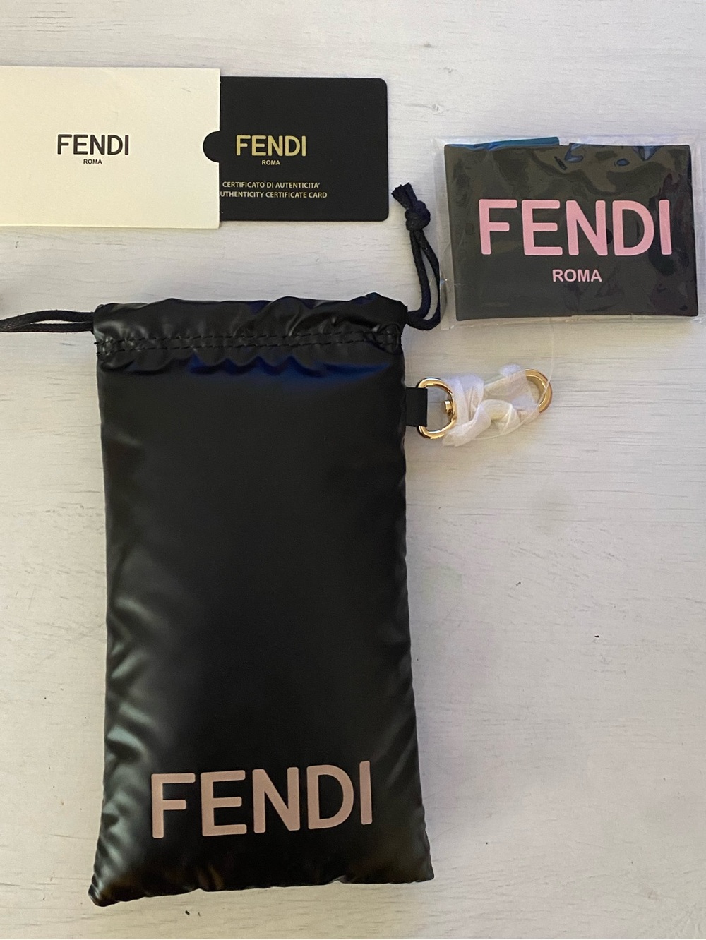 NWT | FENDI Black Drawstring Glasses Pouch Gold Hardware, FENDI Cloth, Auth Card
